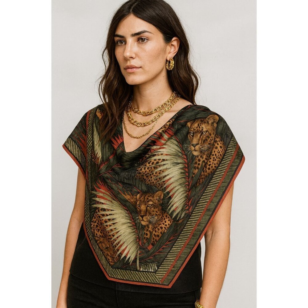 Ellen Tracy 34” Square Scarf Leopard Jungle Print Tropical Boho Wrap Shawl